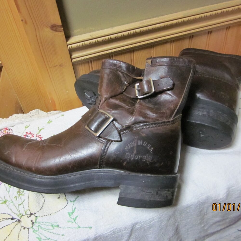 Ladies Vtg Georgia Leather engineer biker boots brown buckle side vibram sole 11 - Picture 3 of 10